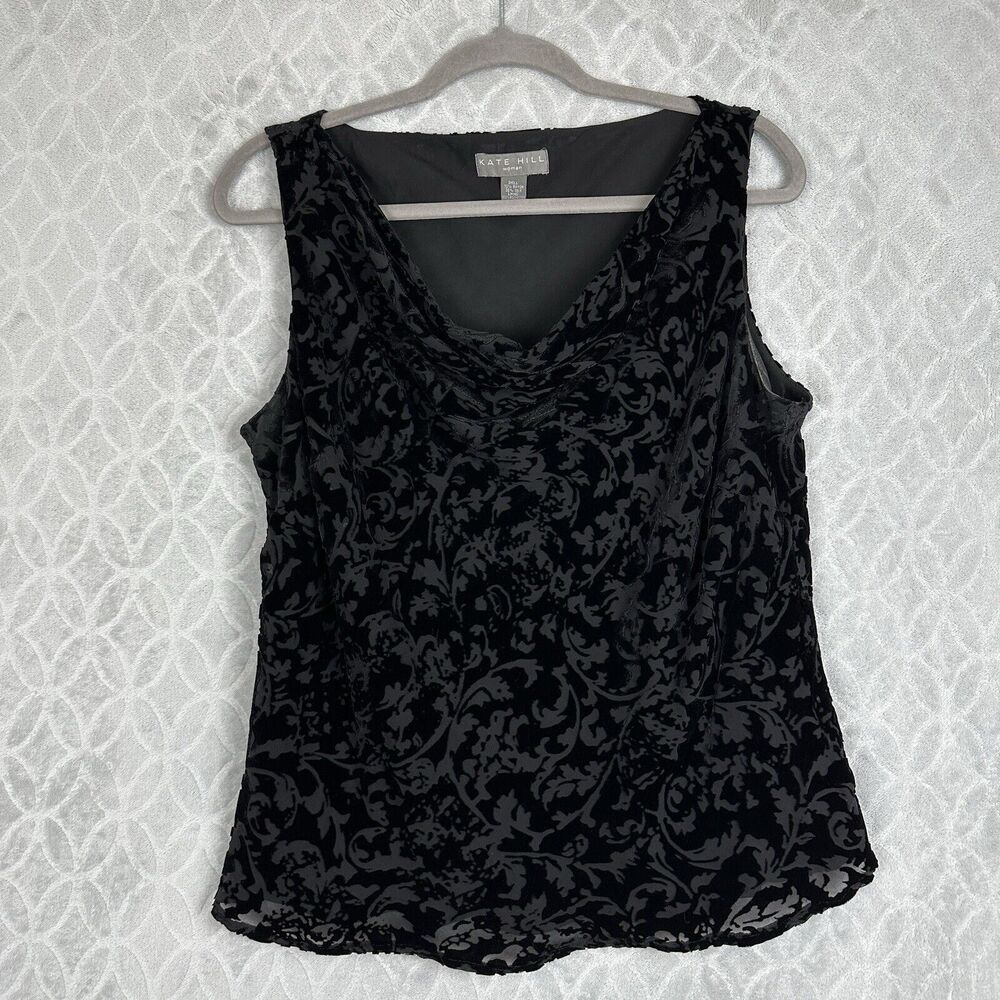 Kate Hill Black Velvet Burnout Sleeveless Cowl Neck Tank